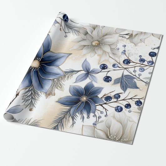 Mooie blauwe kerst, bessen, bloemig cadeaupapier (Uitgerold)