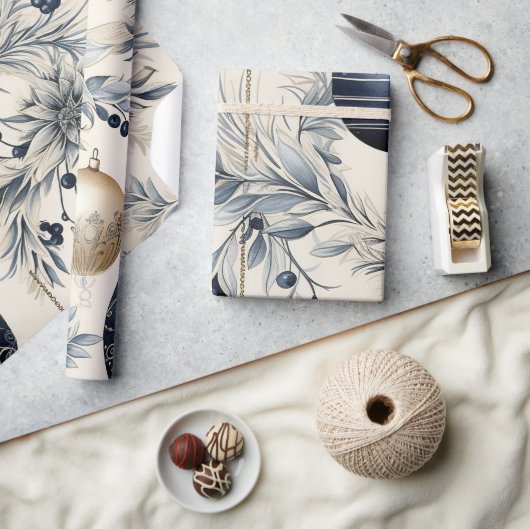 Mooie Blauwe Kerst Bloemen Baubles Cadeaupapier (Crafts)