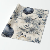 Mooie Blauwe Kerst Bloemen Baubles Cadeaupapier (Uitgerold)