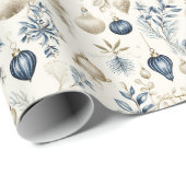 Mooie Blauwe Kerst Bloemen Baubles Cadeaupapier (Rol Hoek)