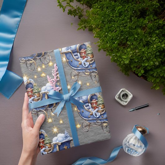 Mooie Blauwe Kerst Sleighs Staal Grijs Cadeaupapier