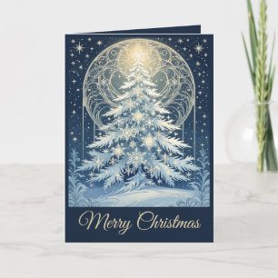 Mooie Blauwe Kerstboom Sneeuw en Sterren Feestdagen Kaart