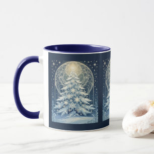 Mooie Blauwe Kerstmis Joelfeestboom Sneeuw En Ster Mok