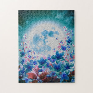 Mooie blauwe maan met bloemen legpuzzel