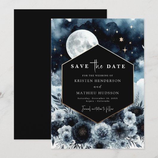 Mooie blauwe maanverlichte bruiloft save the date (Voorkant / Achterkant)