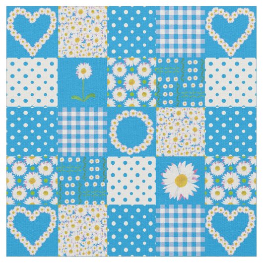 Mooie Blauwe Nep Patchwork Madeliefketting Stof (Close Up)