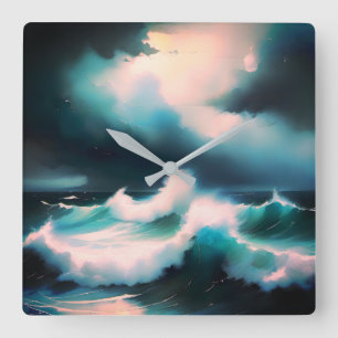 Mooie blauwe oceaangolven schilderij vierkante klok