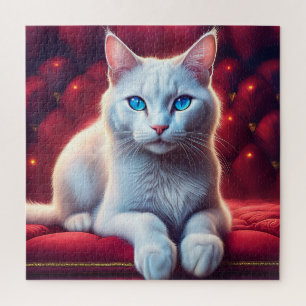 Mooie blauwe ogen albino kat op exotische rode ban legpuzzel