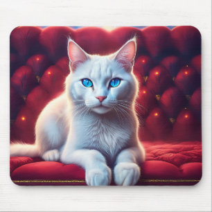 Mooie Blauwe Ogen Albino Kat Op Exotische Rode Ban Muismat