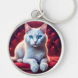 Mooie blauwe ogen albino kat op exotische rode ban sleutelhanger
