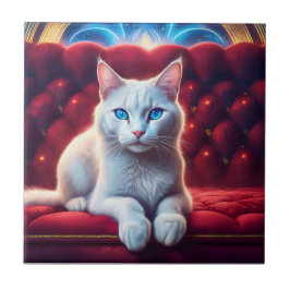 Mooie Blauwe Ogen Albino Kat Op Exotische Rode Ban Tegeltje