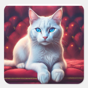 Mooie blauwe ogen albino kat op exotische rode ban vierkante sticker