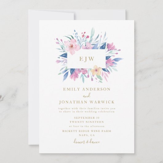 Mooie Blauwe Paarse Bloem Bruiloft Uitnodiging (Voorkant)