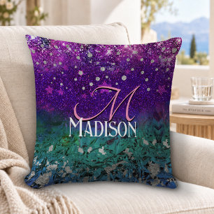 Mooie blauwe paarse ombre glitter monogram kussen