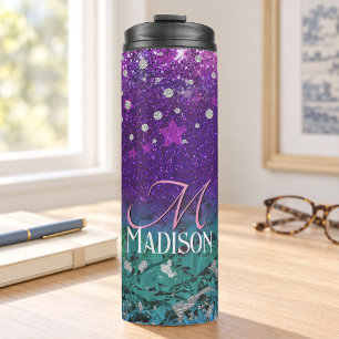 Mooie blauwe paarse ombre glitter monogram thermosbeker