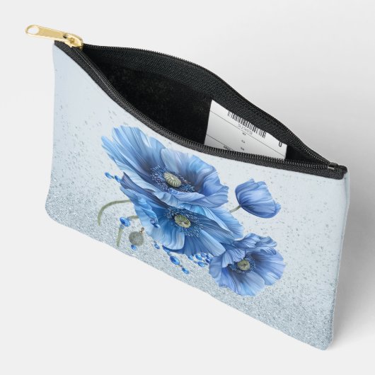 Mooie blauwe papavers op een blauwe glitter rug etui (Open)
