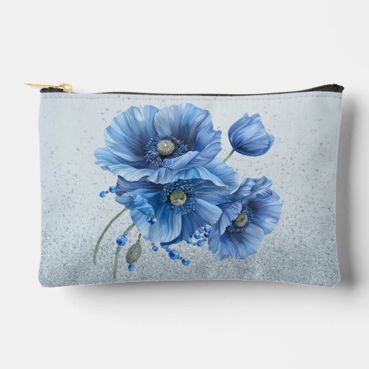 Mooie blauwe papavers op een blauwe glitter rug etui (Voorkant)
