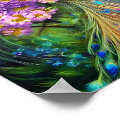Mooie blauwe pauw en paarse bloemen poster (Hoek)
