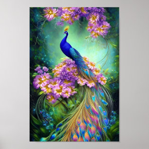 Mooie blauwe pauw en paarse bloemen poster