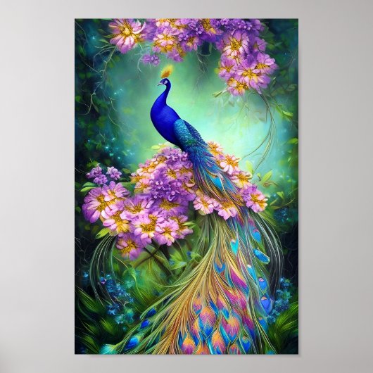 Mooie blauwe pauw en paarse bloemen poster (Voorkant)