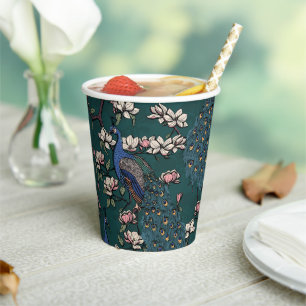 Mooie Blauwe Pauwen & Magnolia Bloemen Teal Papieren Bekers