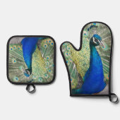 Mooie blauwe pauwenveren ovenwant & pannenlap set (Voorkant)