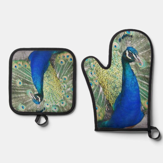 Mooie blauwe pauwenveren ovenwant & pannenlap set (Voorkant)