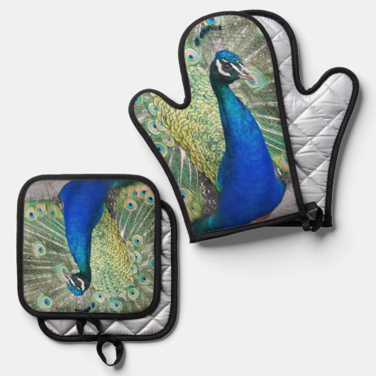 Mooie blauwe pauwenveren ovenwant & pannenlap set (Voorkant / Achterkant)