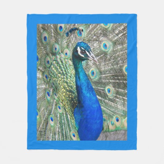 Mooie Blauwe Peacock w/Blauwe Rand Fleece Deken (Voorkant)