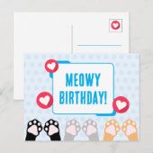 Mooie blauwe polka stip kat poten omhoog verjaarda briefkaart (Voorkant / Achterkant)