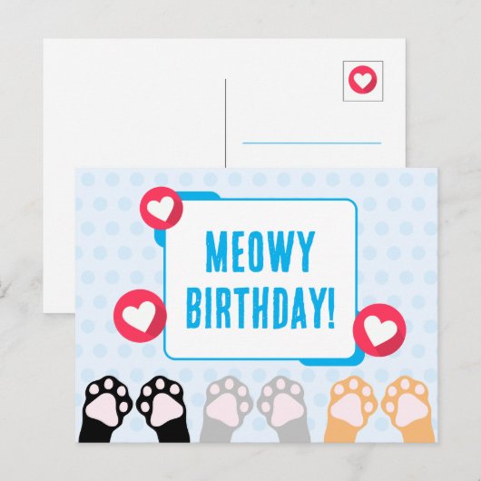 Mooie blauwe polka stip kat poten omhoog verjaarda briefkaart (Voorkant / Achterkant)