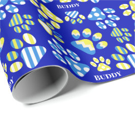 Mooie Blauwe Pootafdrukken Persoonlijke Hond Cadeaupapier