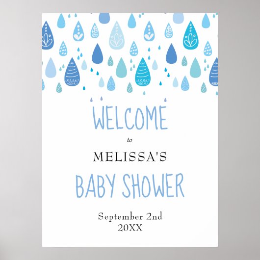 Mooie Blauwe Regendruppels Baby Shower Welkomstbor Poster (Voorkant)