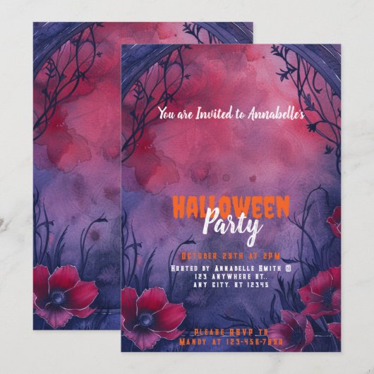 Mooie Blauwe Rode Boog Halloween Party Kaart (Voorkant / Achterkant)