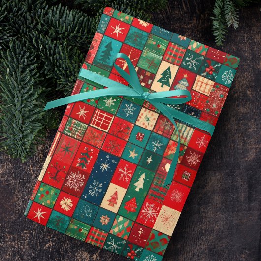 Mooie blauwe rode patchwork blokken cadeaupapier