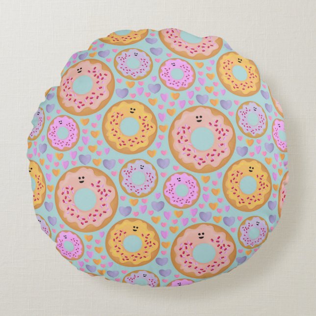 Mooie Blauwe Roze Pastelkleurige Donuts & Hartjes Rond Kussen (Voorkant)
