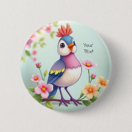 Mooie Blauwe Roze Vogel Bloem Knop Ronde Button 5,7 Cm