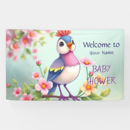 Mooie Blauwe Roze Vogel Bloemige Baby Shower Banne Spandoek