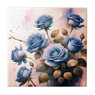 Mooie blauwe rozen op roze aquarelschilderij tegeltje