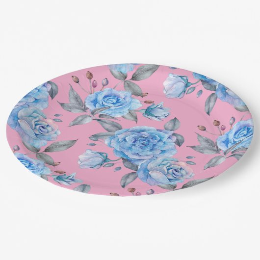 Mooie blauwe rozen, pastelroze achtergrond, papieren bordje (Gekanteld)