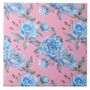 Mooie blauwe rozen, pastelroze achtergrond, tegeltje