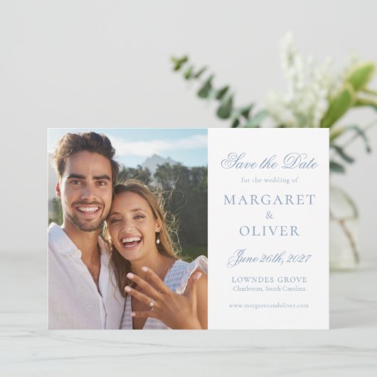 Mooie Blauwe Script Foto Save The Date Kaart (Staand voorkant)