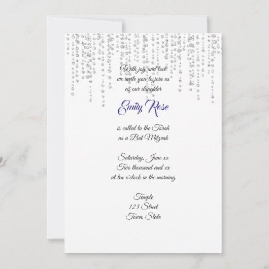 Mooie, Blauwe Sparkle Glitter, Bat Mitzvah Kaart (Achterkant)