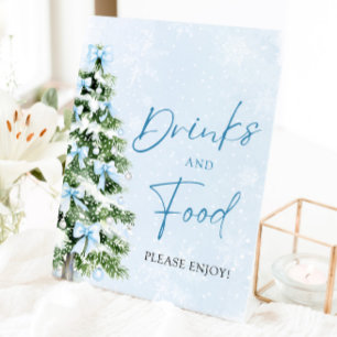 Mooie Blauwe Strikken Kerstboom Eten en Drinken Reclamebord Met Voetstuk