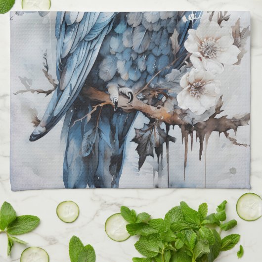 Mooie blauwe uil op een tak kerst theedoek (Gevouwen)