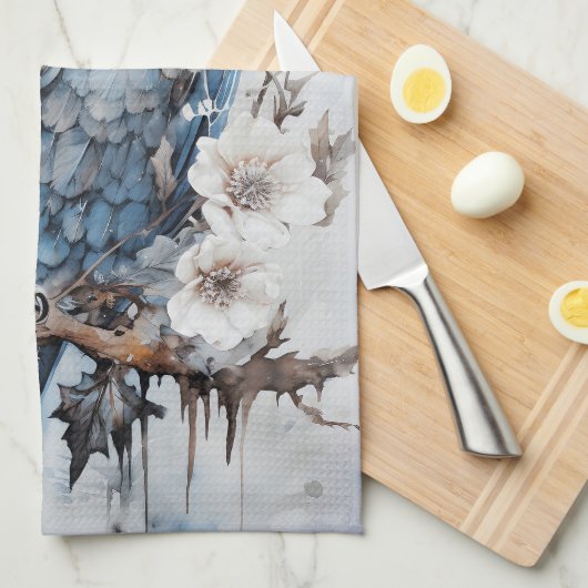 Mooie blauwe uil op een tak kerst theedoek (Quarter Fold)