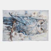 Mooie blauwe uil op een tak kerst theedoek (Horizontaal)