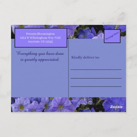 Mooie Blauwe Violet Petunia's Dank je wel Briefkaart (Achterkant)