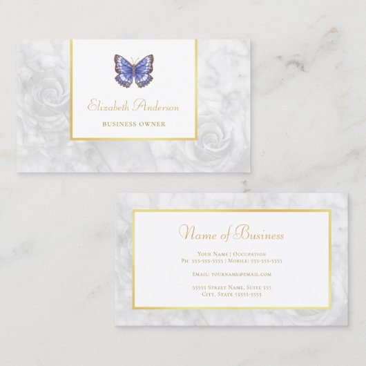 Mooie Blauwe Vlinder Elegant Roos Wit Marmer Visitekaartje (Voorkant / Achterkant)