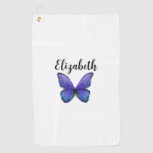 Mooie blauwe vlinder golfhanddoek met eigen naam (Voorkant)